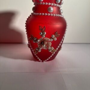 Striking Red and White Vase with Pearl and Metallic Accents
